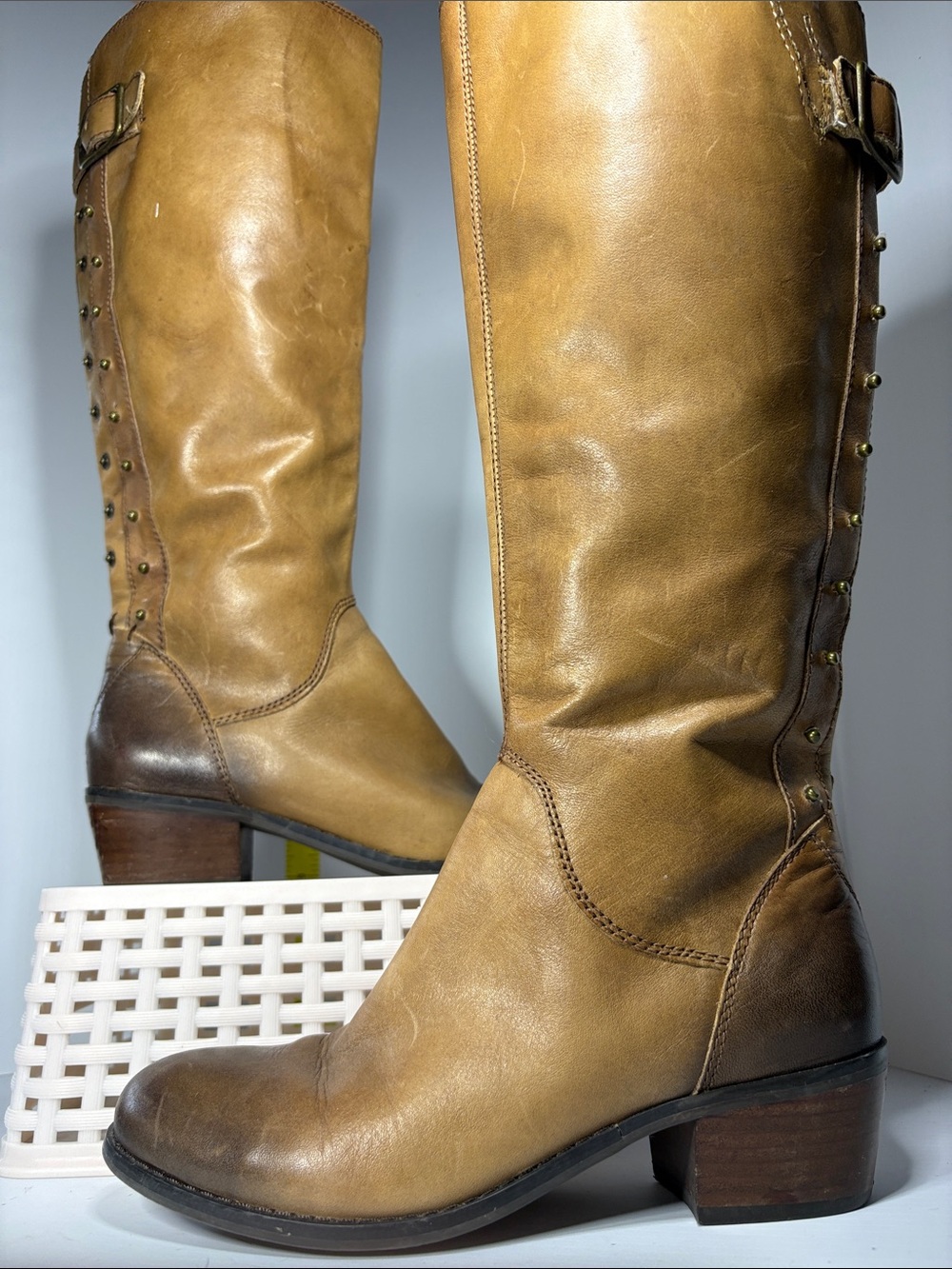 Lucky 7.5 Women's Tall Leather Riding Boots in Tan with Stud Accent. Box 27